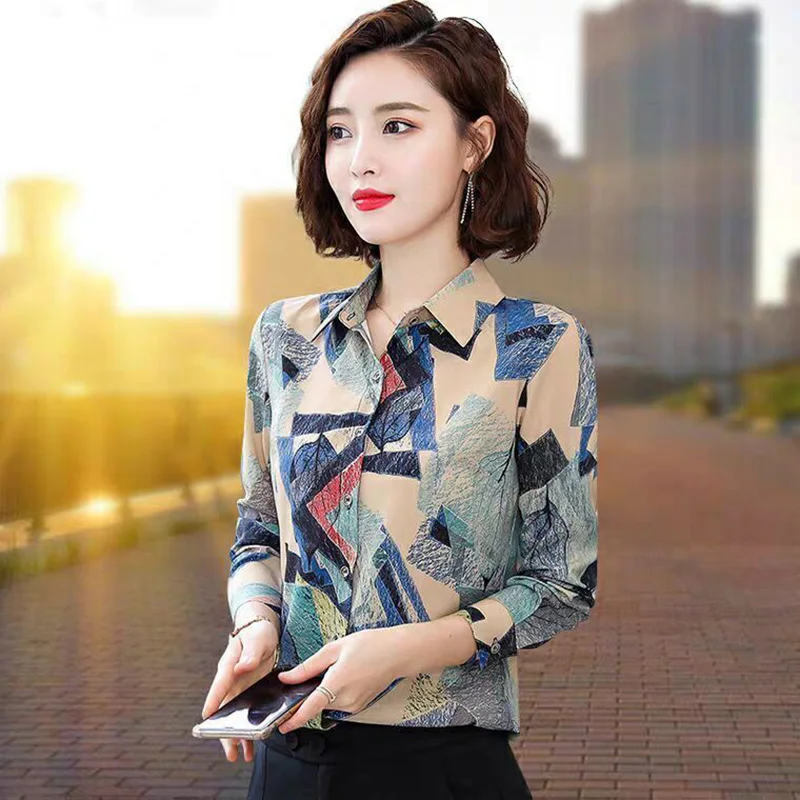 Vintage Printed Button Asymmetrical Shirts Women\'s Clothing 2023 Autumn Winter New Loose All-match Tops Office Lady Blouses