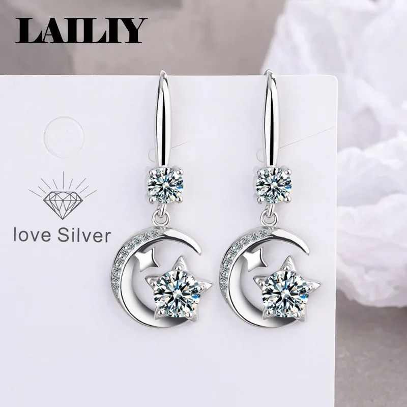 LAILIY925 Sterling Silver Fresh  Sweet Pink Diamond  Zircon Double Star Moon Earrings for Women Fashion Jewelry