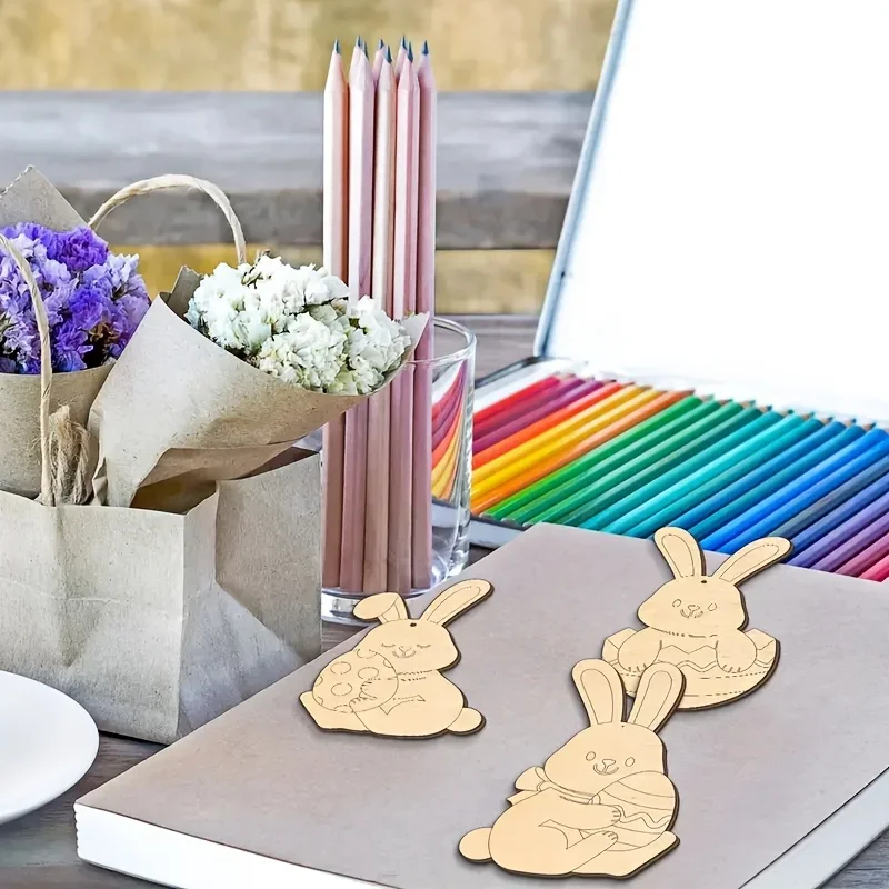 Easter Bunny & Egg Wooden Hanging Decorations- DIY Paint-Your-Own Craft Set with Twine,Colorful Blank Wood Chips for Party Decor