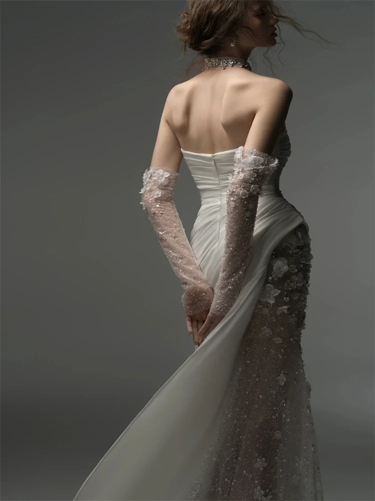 Vestido de novia sin tirantes personalizado con mangas largas extraíbles, tubo hasta el suelo, cremallera trasera, empalme de encaje Floral 3D para novia