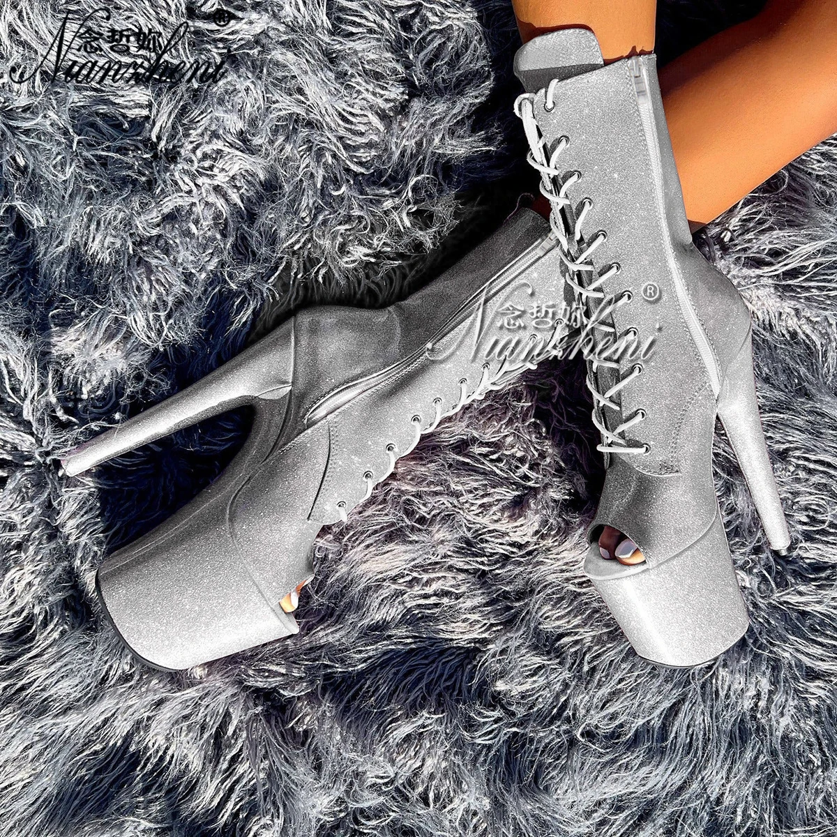 نمط جديد مثير الوثن الوردي بريق اللمحة تو القطب الرقص 8 بوصة عالية الكعب حذاء من الجلد 20 سنتيمتر منصة الأحذية الغريبة متجرد الدانتيل يصل #3