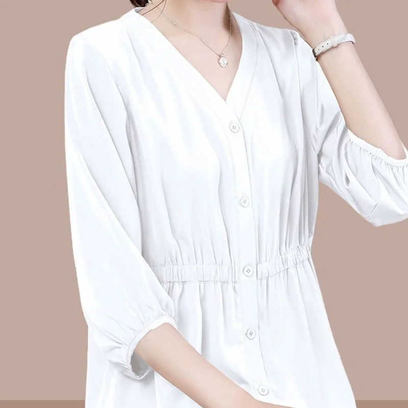 Summer Office Lady Comfortable Women\'s Clothing 3/4 Sleeve Pullovers Ladies Casual Solid Color Tops 2024 New Elastic Blouses