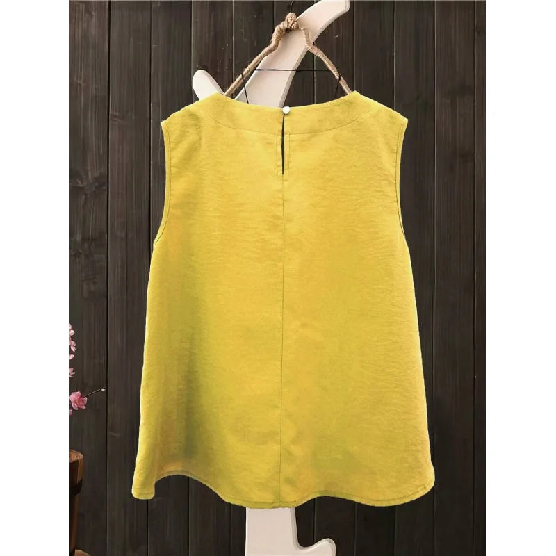 Women's Boho Linen Sleeveless Top, Casual Loose Fit Yellow Top, Artisan-Crafted Summer Blouse Beach