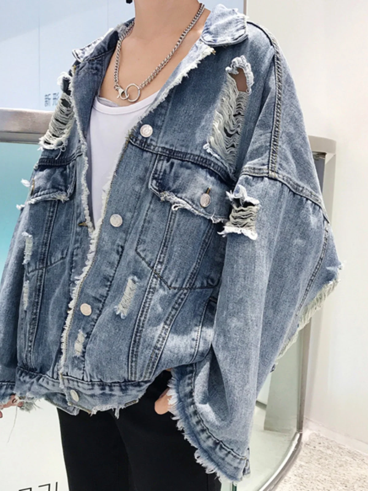 جايت رجالي فضفاض مناسب من قماش الدنيم المتعثر الكوري Sle ملابس غير رسمية للشارع Jaet ملابس خارجية عصرية شبابية من ألياف البوليستر #5