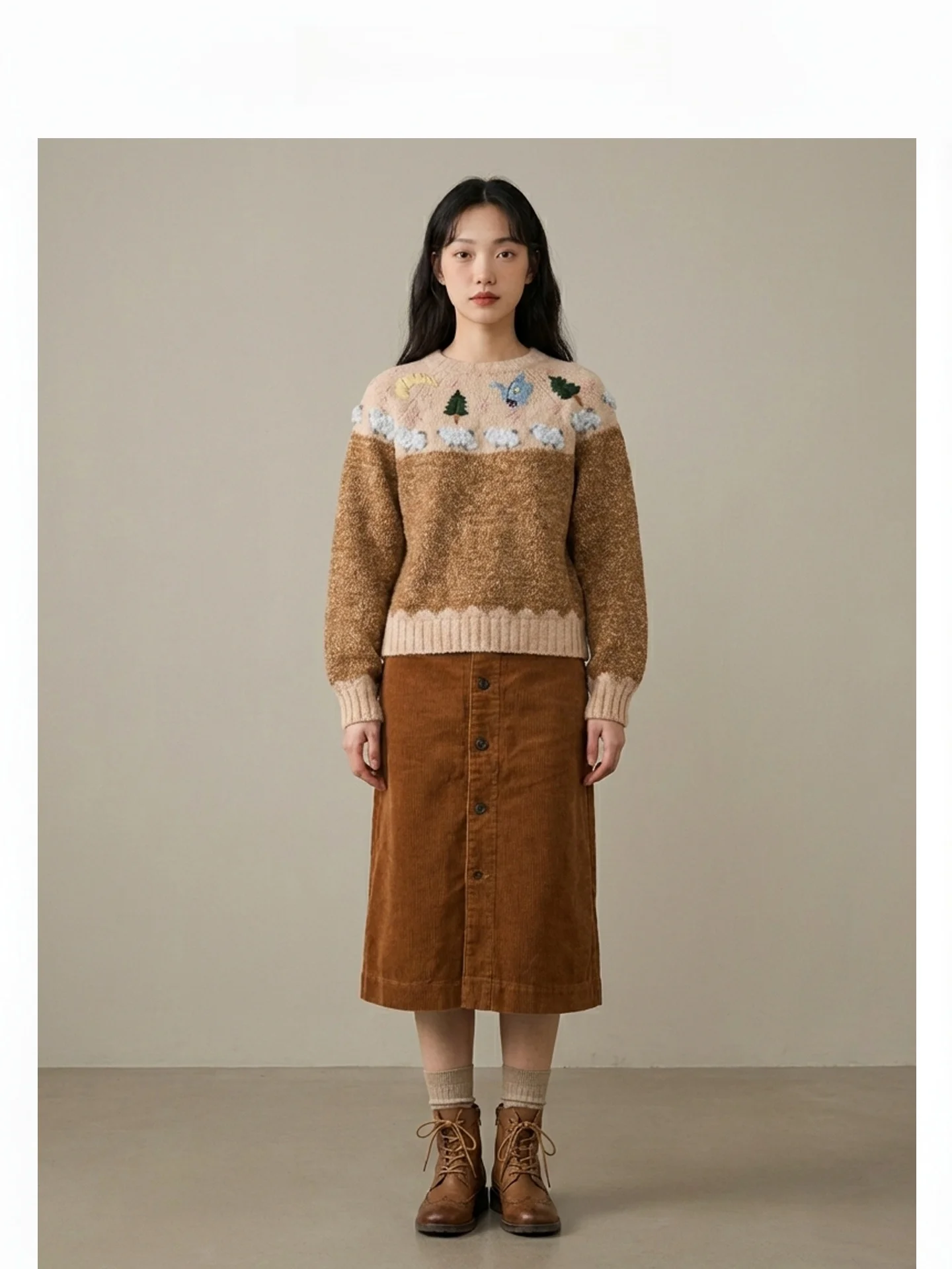 

Retro Fun Heavy Work Embroidered Sheep Knitwear Women's Spring Autumn Lazy Style round Neck Design Sensation Soft Wool Blend ...