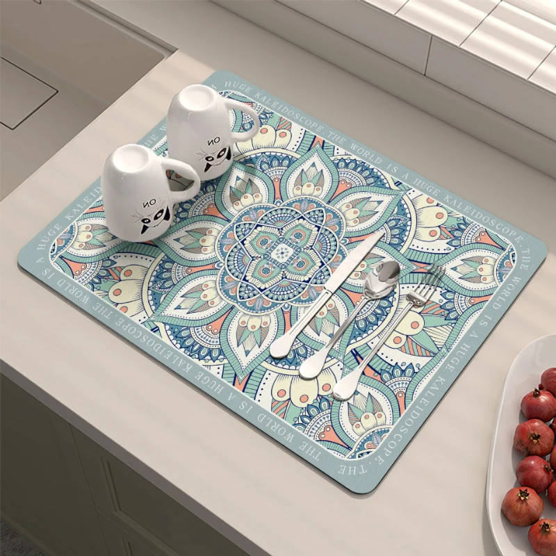VIKAMA Kitchen Drain Mat Blue Yellow White Vintage Pattern Kitchen Counter Mat Highly Absorbent Fast Drying Anti Skid Flexible