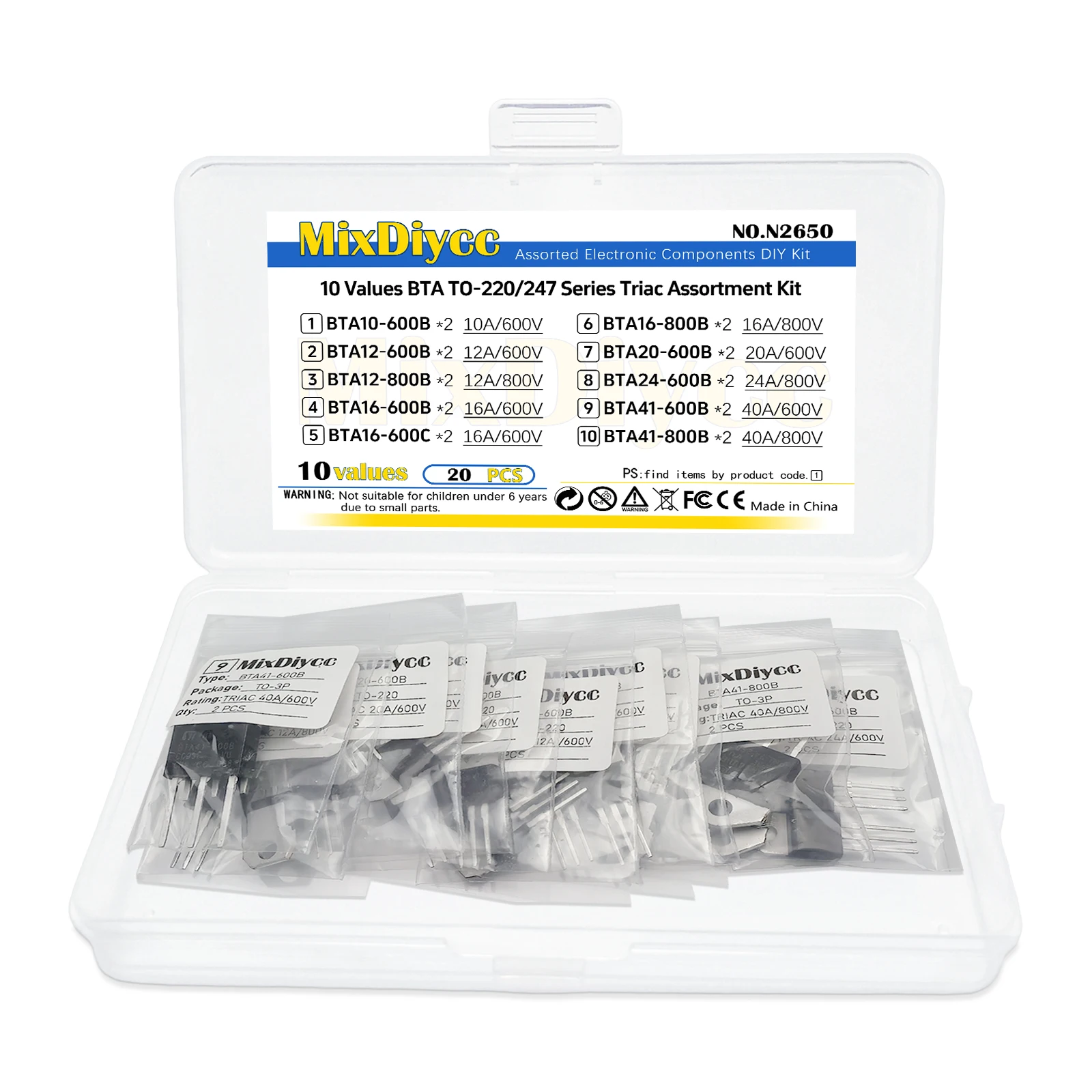 10 Values BTA TO-220 TO-247 TRIAC Kit BTA10/BTA12/BTA16/BTA20/BTA24/BTA41 -600B/-800B-600C Bidirectional Thyristor Total 20 Pcs