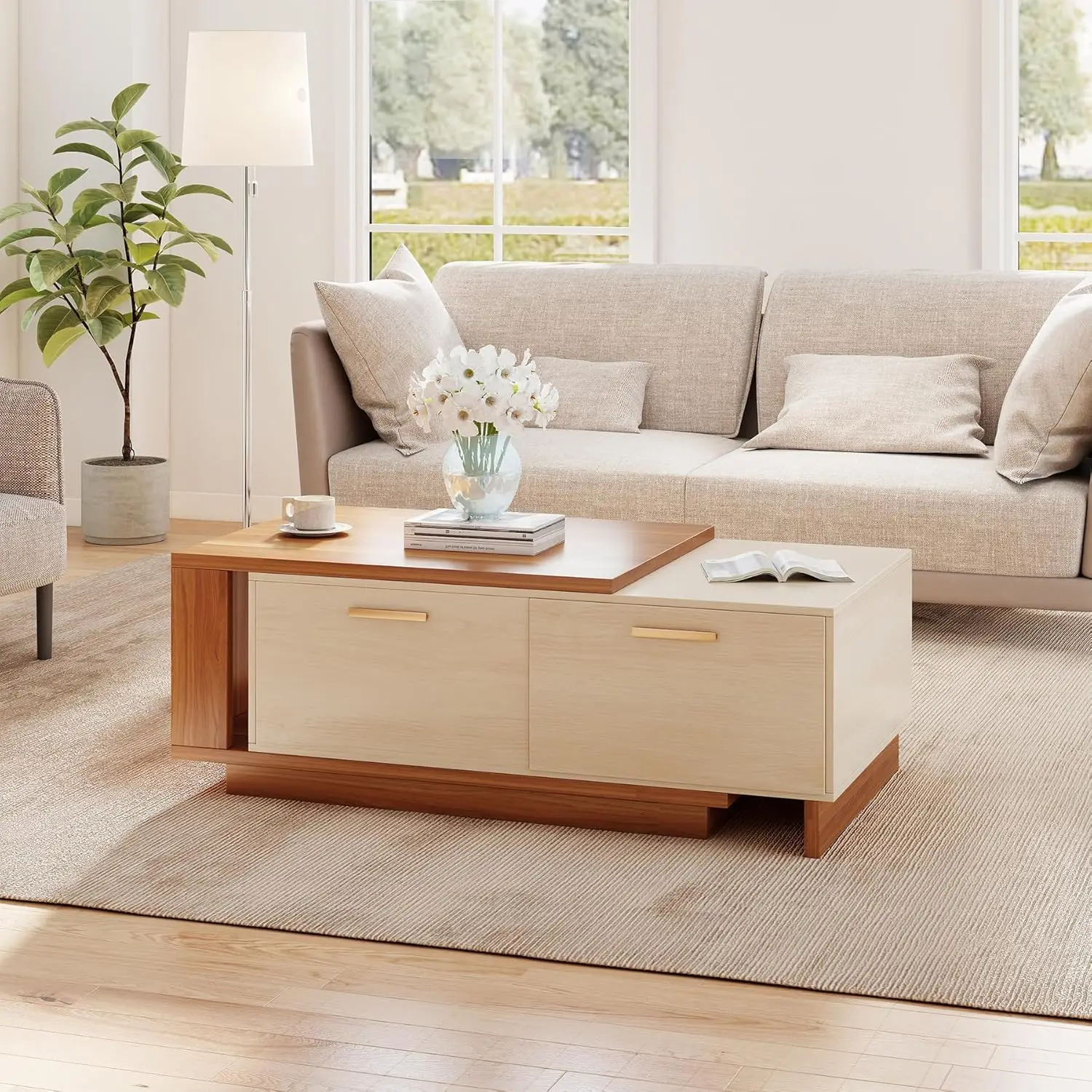 طاولة قهوة قابلة للتمديد مقاس 42 بوصة - 65 بوصة مع مساحة تخزين، طاولة قهوة خشبية قابلة للعكس مع درجين، علامة تبويب مركزية كبيرة قابلة للتعديل بلونين