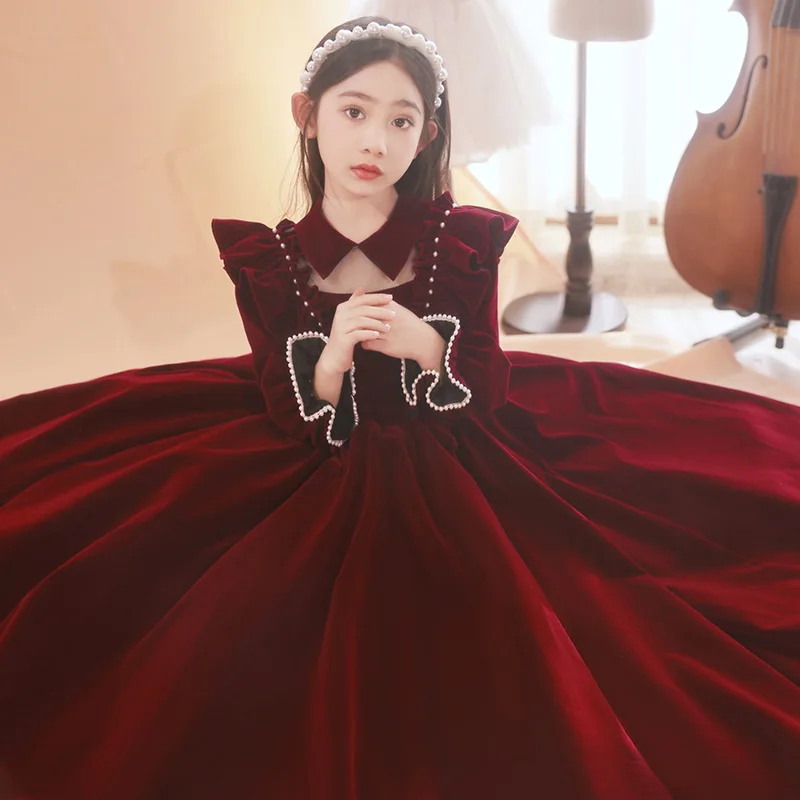 Girls' Formal Red High-End Princess Dress Spring and Autumn Flower Wedding Little Girl Host Children's Piano Performa