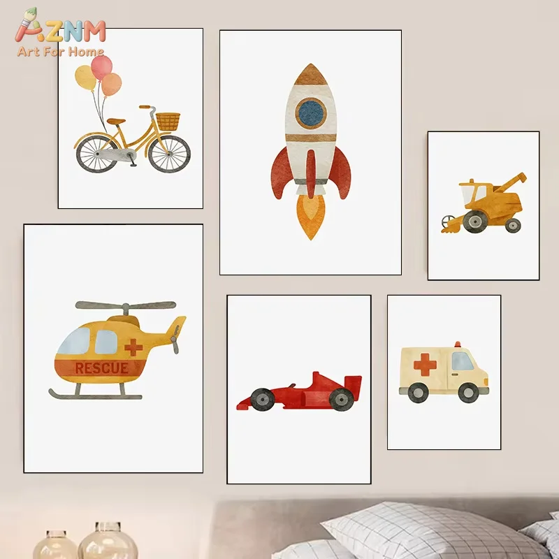 Classic Simplicity Cartoon Cars Art Posters Jeep Tractor Canvas Painting Children's Room Wall Art Pictures Home Aesthetic Decor