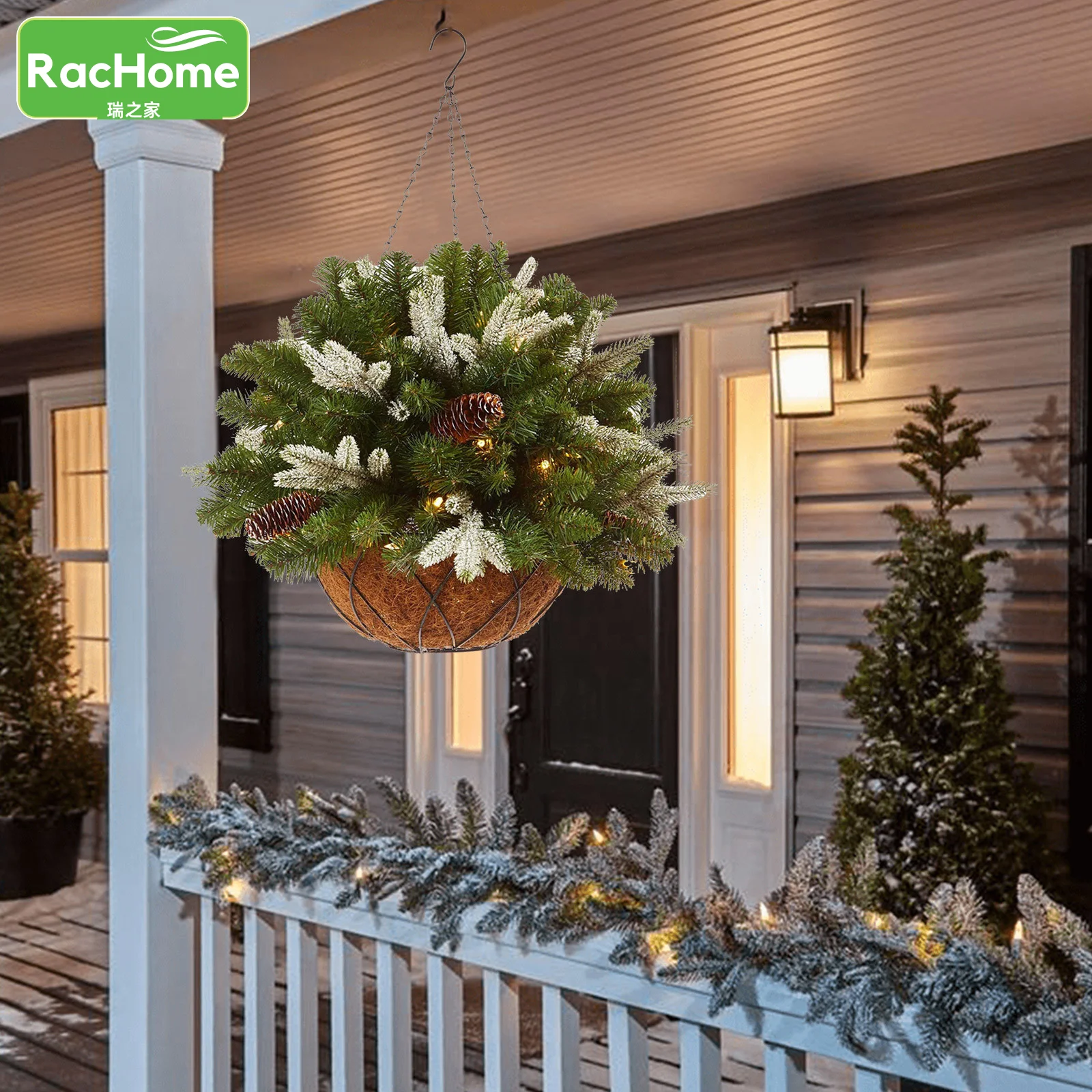 

Led Door Hanging Basket Xmas Pendant Pre-lit Artificial Christmas Hanging Basket Frosted Berries Pinecone Wreath Decor Ornaments