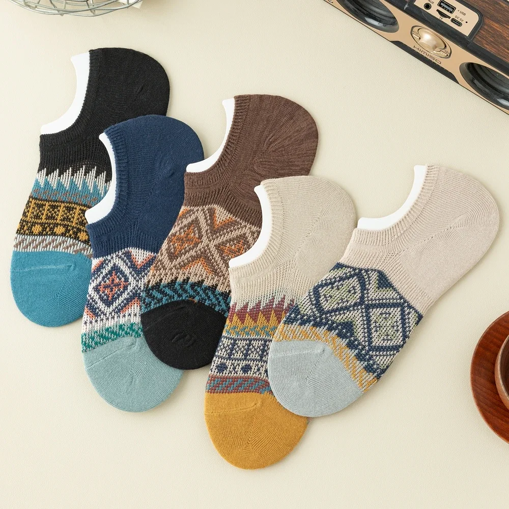 5 Pairs Boho National No-show Socks Men Retro Invisible Slippers Socks Plaid Low Cut Cotton Socks Non-slip