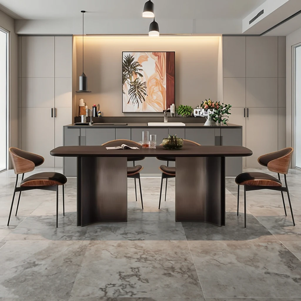 &Modern European Style Restaurant Chair Rectangle Dining Table Wooden/Marble Top Steel Base for Home Kitchen Villas Hotels