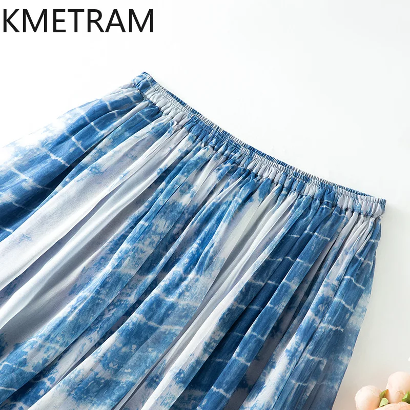 KMETRAM 100% Mulberry Silk Women's Skirts High Waist A-Line Skirt Real Silk Midi Skirt Summer Woman Clothes 2026 джинсовая юбка