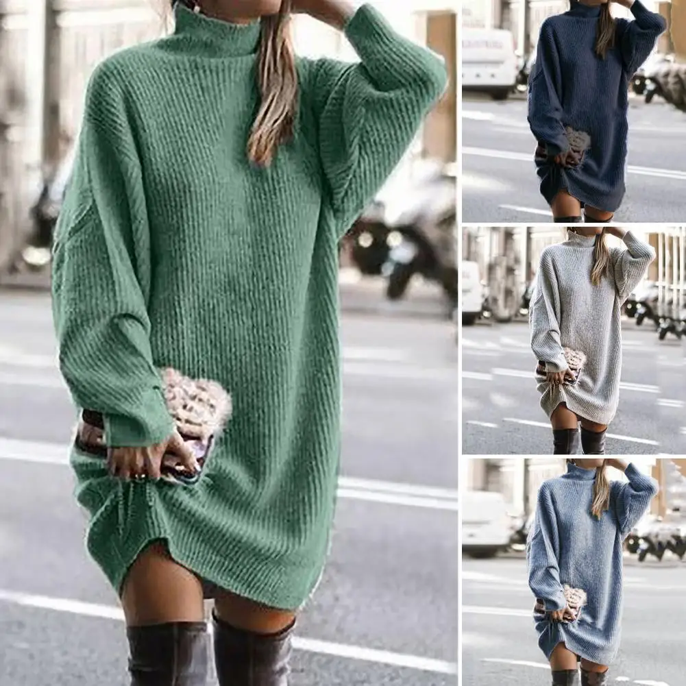 Knitting Dress Thick Winter Dress Batwing Long Sleeves Temperament Solid Color Loose Knitted Casual Midi Dress Coldproof