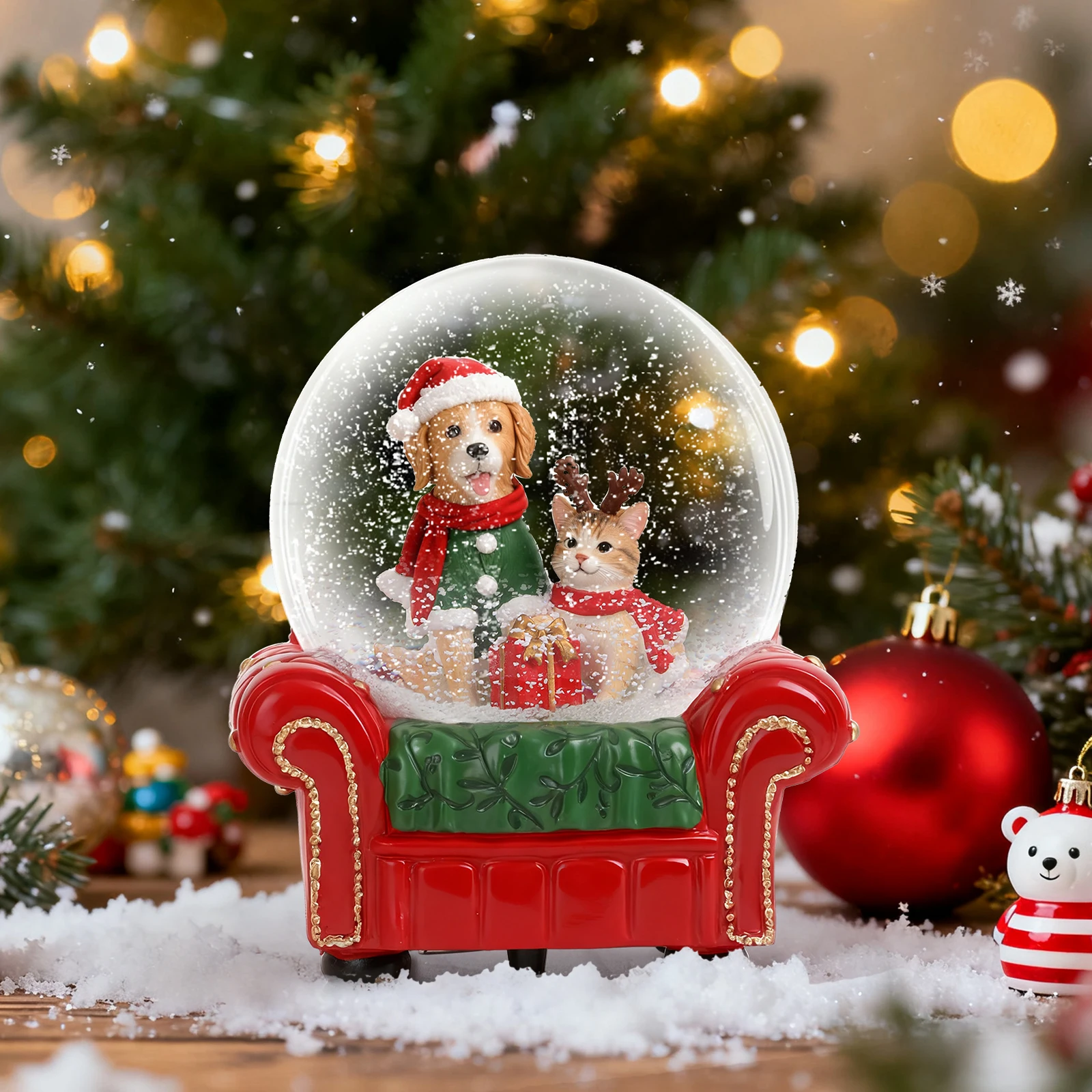 

Christmas living room center red sofa and animal interior, integrating snowballs and holiday music, decorating the holiday