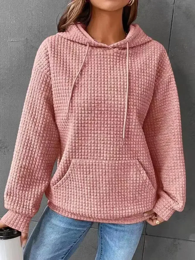 New Women's Autumn/Winter Hooded Plaid Solid Color Hoodie Long Sleeves Loose Fitting Casual Fashionable Simple Commuting Style