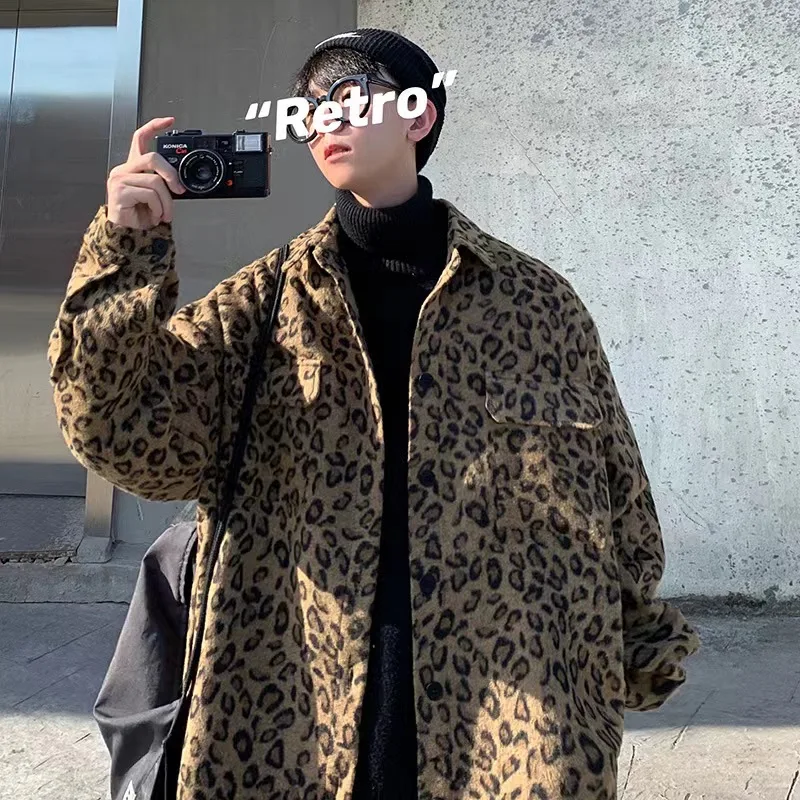 Men Fashion Leopard Graphic Jackets Coats Male Vintage Casual Loose Korean Style Harajuku Jacket Outerwear with Pockets