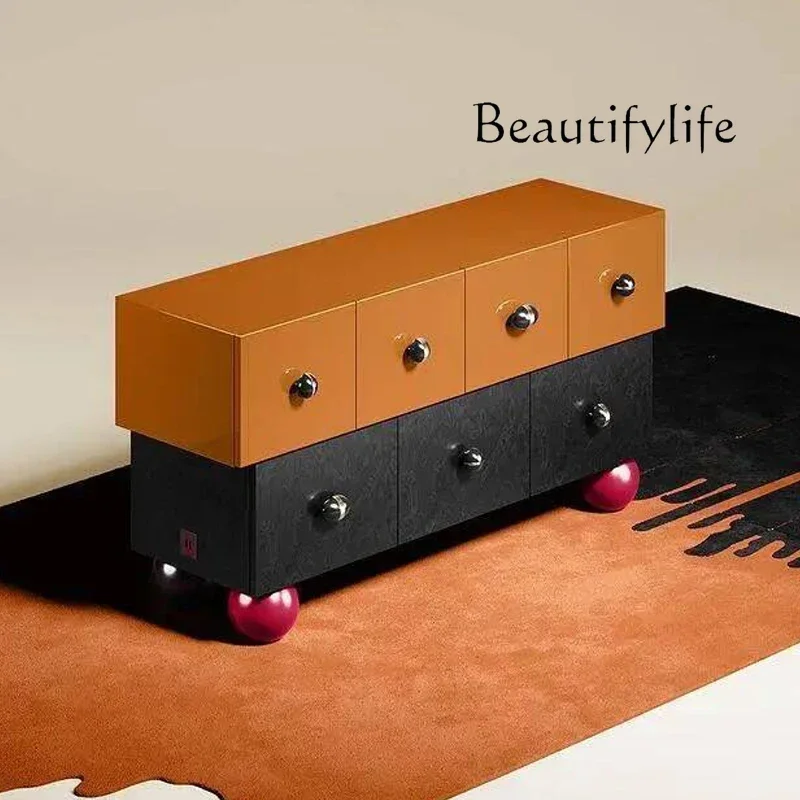 

French antique designer creative color matching solid wood dining side cabinet household retro style locker