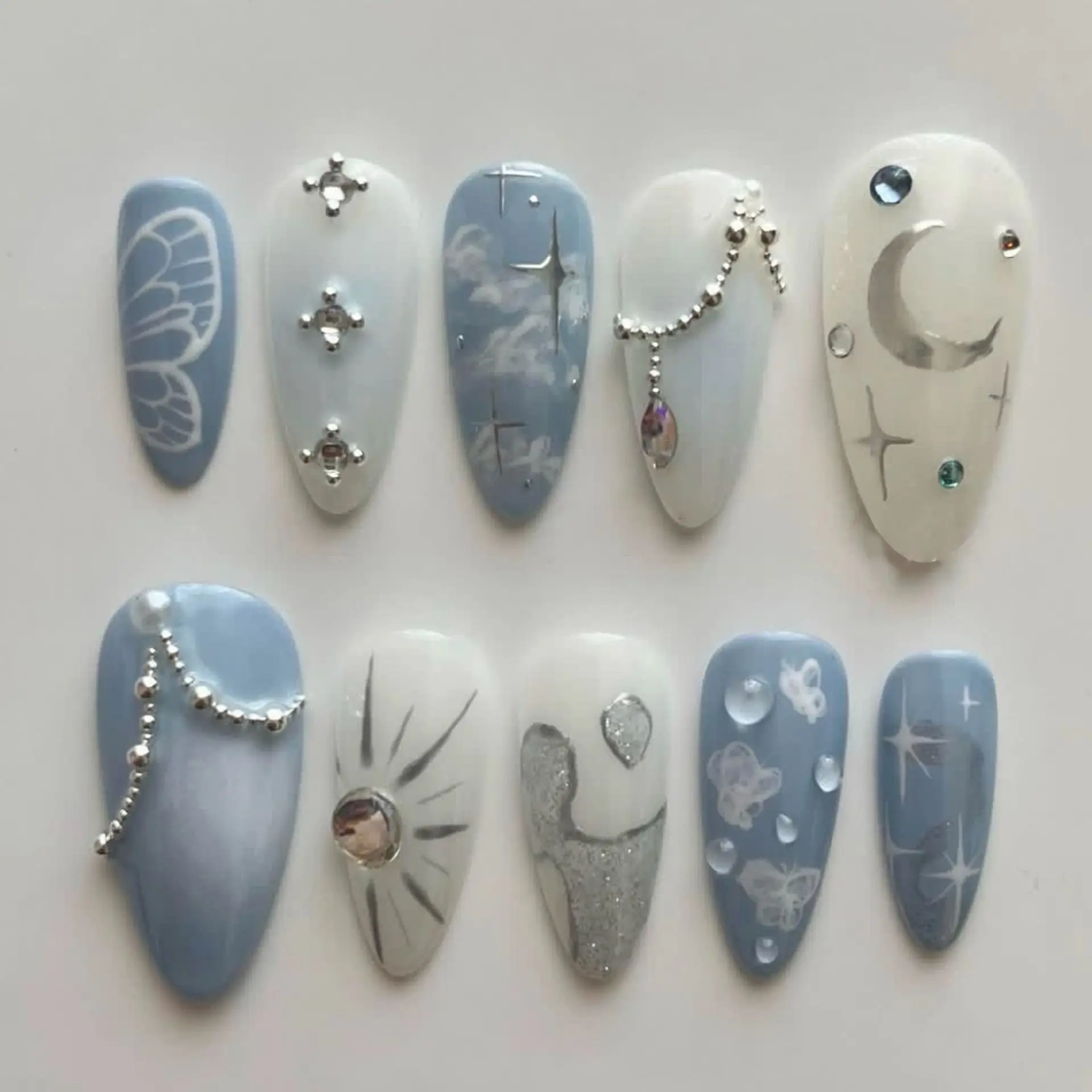 

10pcs Handmade Press on Nails Glitter Rhinestone False Nail Tips Blue Long Almond Fake Nail Art Finished Butterfly Manicure Sets
