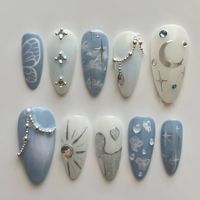 10pcs Handmade Press on Nails Glitter Rhinestone False Nail Tips Blue Long Almond Fake Nail Art Finished Butterfly Manicure Sets