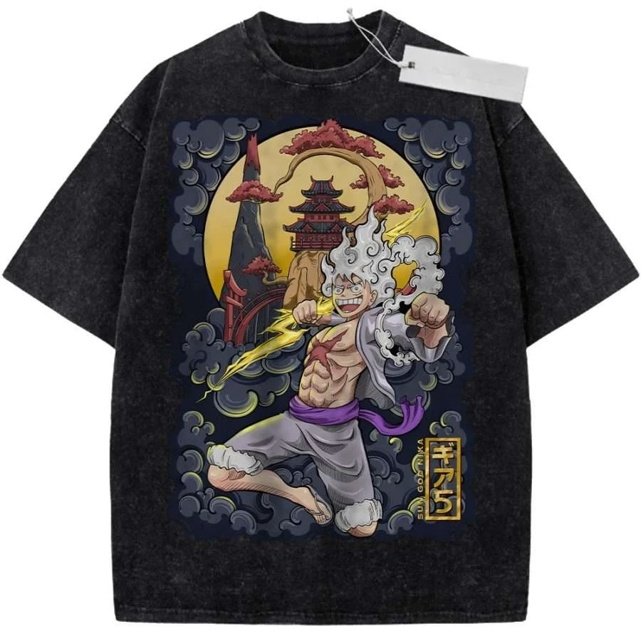 

2026 Summer Men's Black Washed T - Shirt One Piece Gear 5 Luffy Japanese Style High - Quality Fabric for Casual Shopping