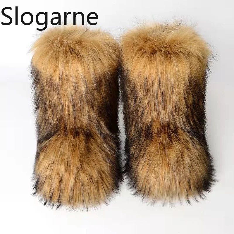 2026 Women Winter Fluffy Fur Boots Woman Furry Snow Boots Plush Warm Outdoor Footwear Girls Luxury Faux Fox Fur Platform Shoes