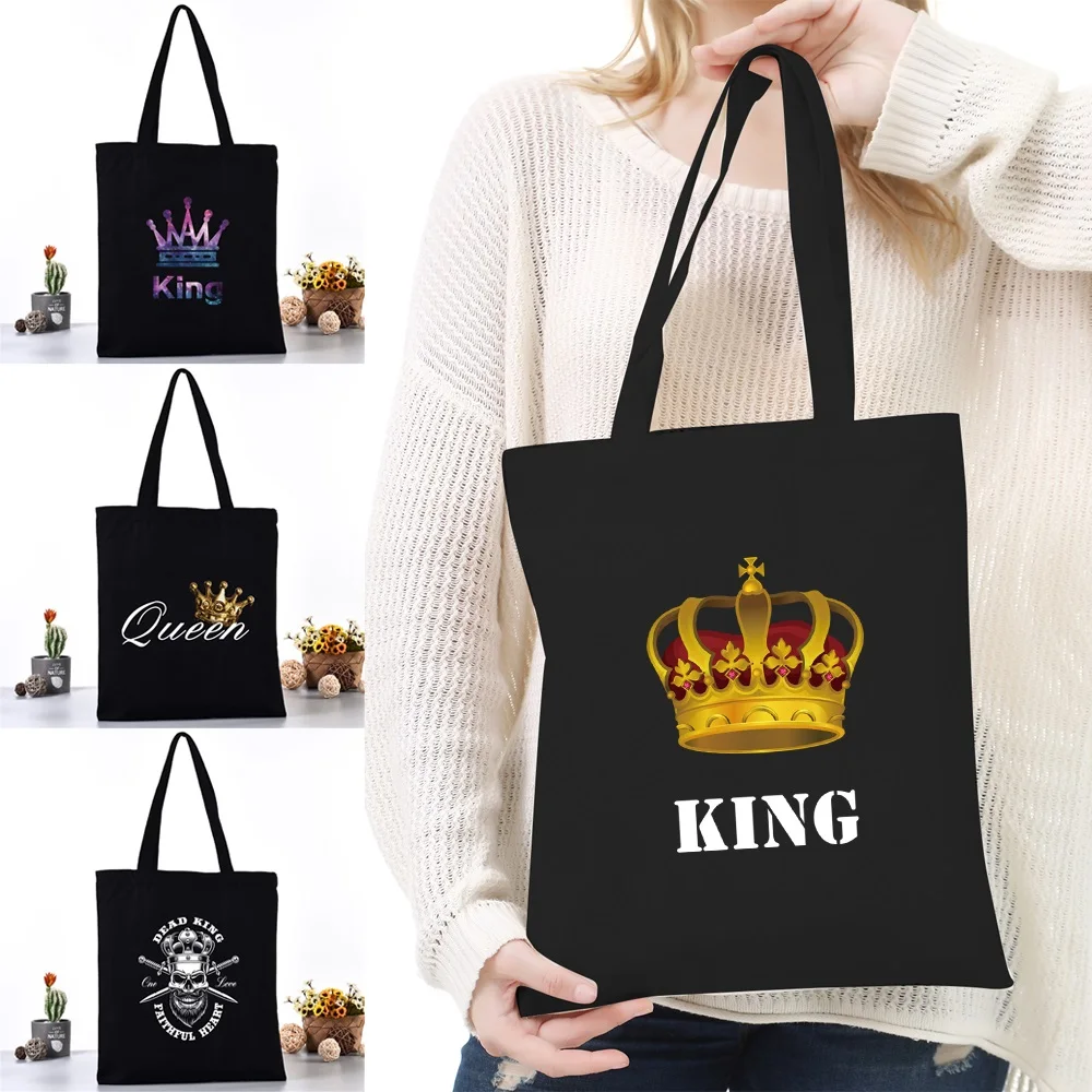 

Women Canvas Shoulder Bag Reusable Shopping Bags Ladies King Queen Pattern Handbags Casual Tote Grocery Storage Bag for Girls