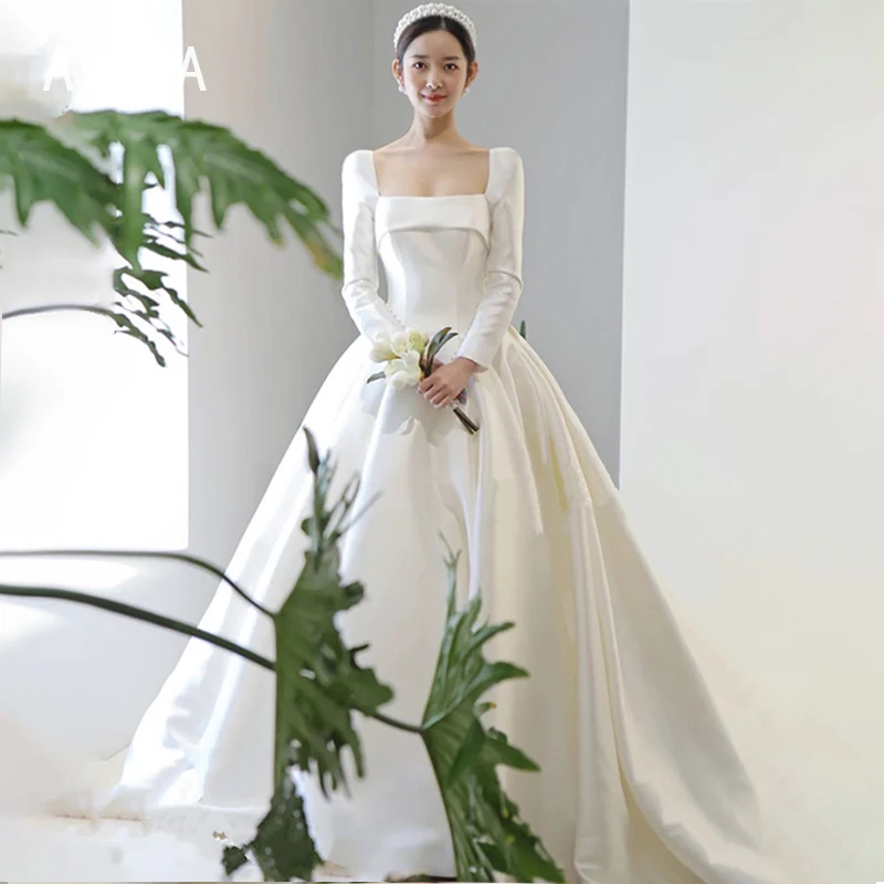 

New 2024 Korea Style Square Collar Lustrous Satin One Shoulder A-LINE Lace Up Simple Wedding Dress Bride Gown Vestidos De Novia