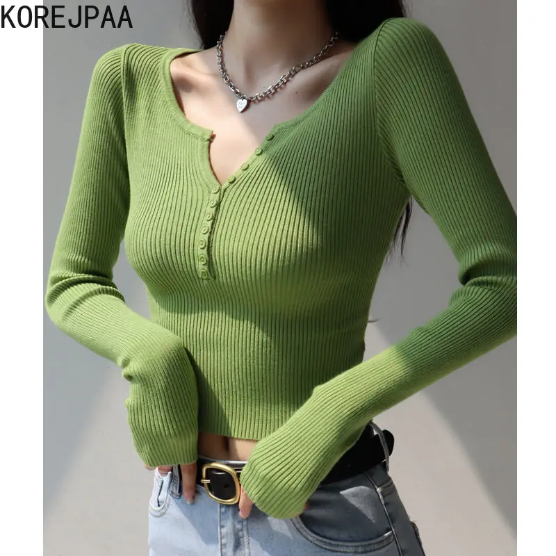 Korejpaa French Retro Pull Femme Knitwear V-neck Knitted Bottoming Shirt Women 2024 Spring Korean Fashion Slim Sweater Top