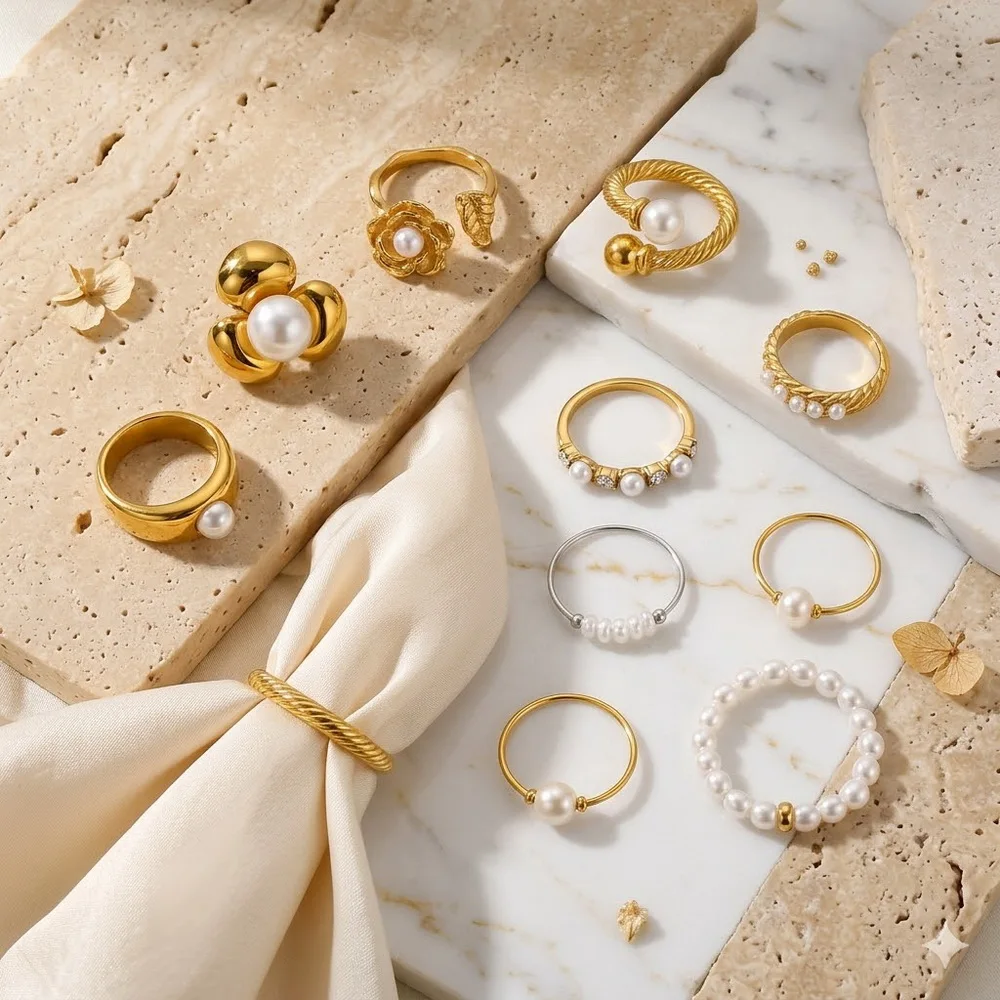 Französisches Vintage-Perlenring-Set für Damen, 14K vergoldeter Barock-Perlenring, gedrehte, klobige Statement-Fingerringe, Schmuckgeschenk – Detail 2
