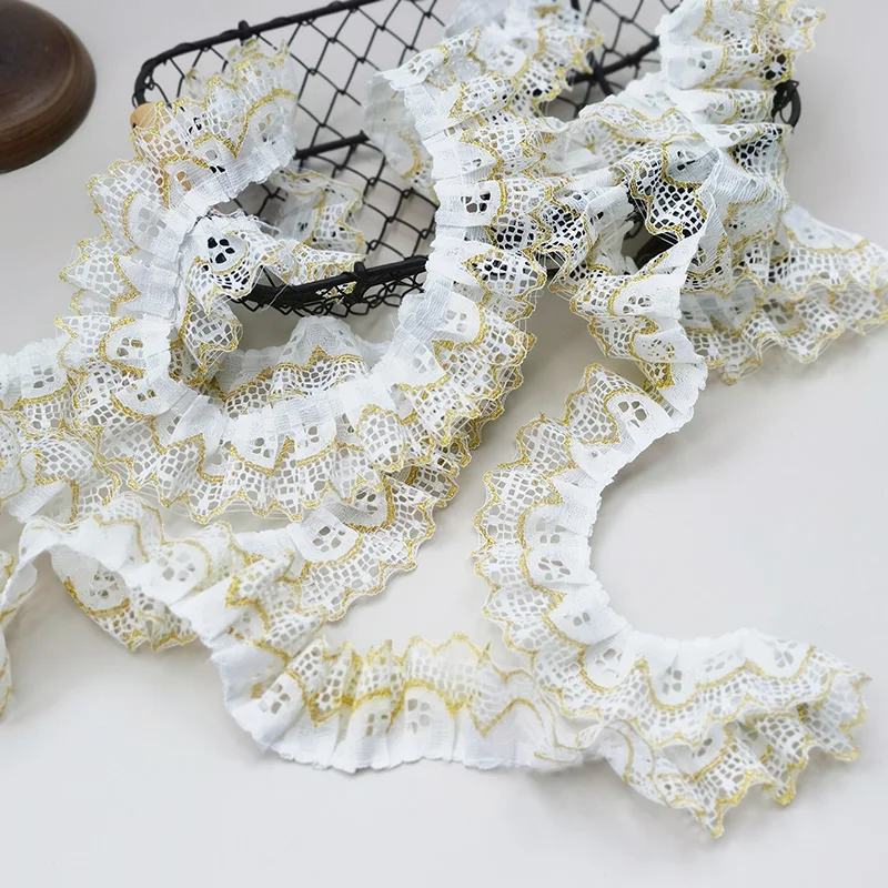 Nice Gold Thread Embroidery Pleated White Lace DIY Clothing Hat Headgear Storage Basket Bow Fabric Accessories Tie Material