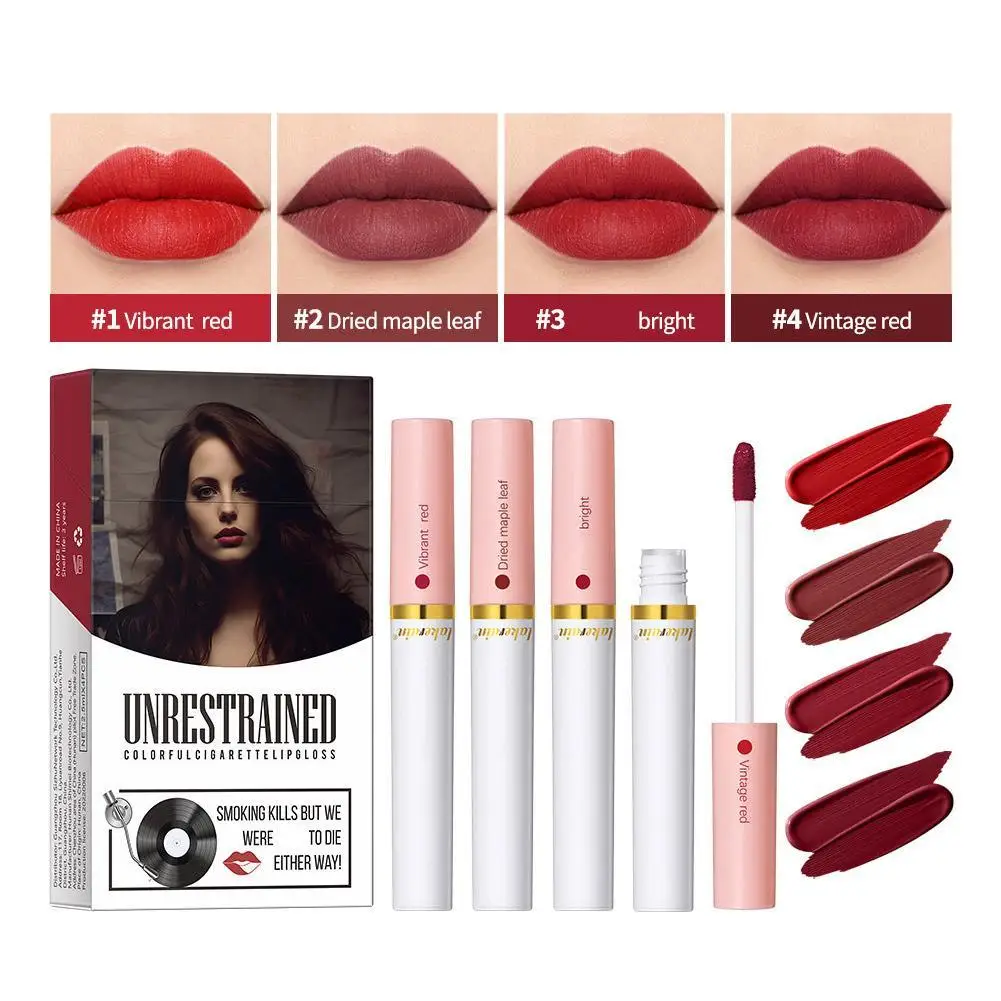 Criativo Cigarro Batom, Brilho labial fosco, esmalte labial de longa duração, impermeável Lip Stick Tube, Nude Red Lip Tint Make, 4 pcs por conjunto