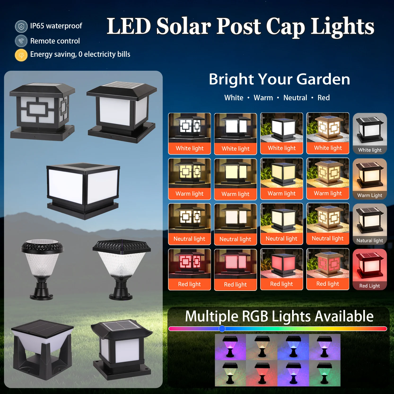 LED Solar Post Cap Lights Outdoor IP65 Waterproof Solar Pillar Light 3CCT Dimming Remote Control Timing Garden Fence Pole Lamp