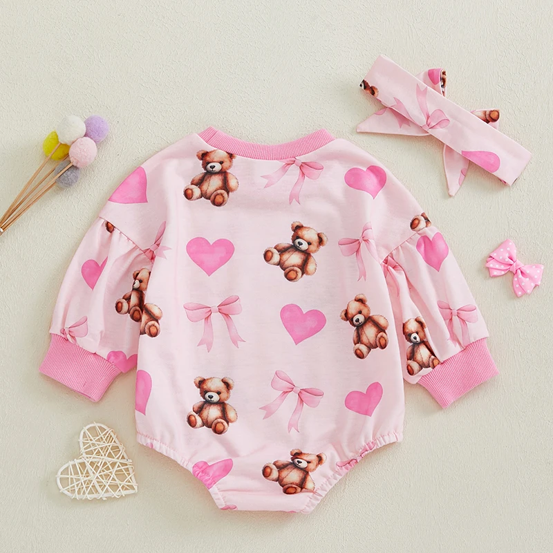 طفلة 2 قطعة ملابس الربيع طويلة الأكمام جولة الرقبة الدب القوس طباعة رومبير مع عقال مجموعة ملابس الرضع