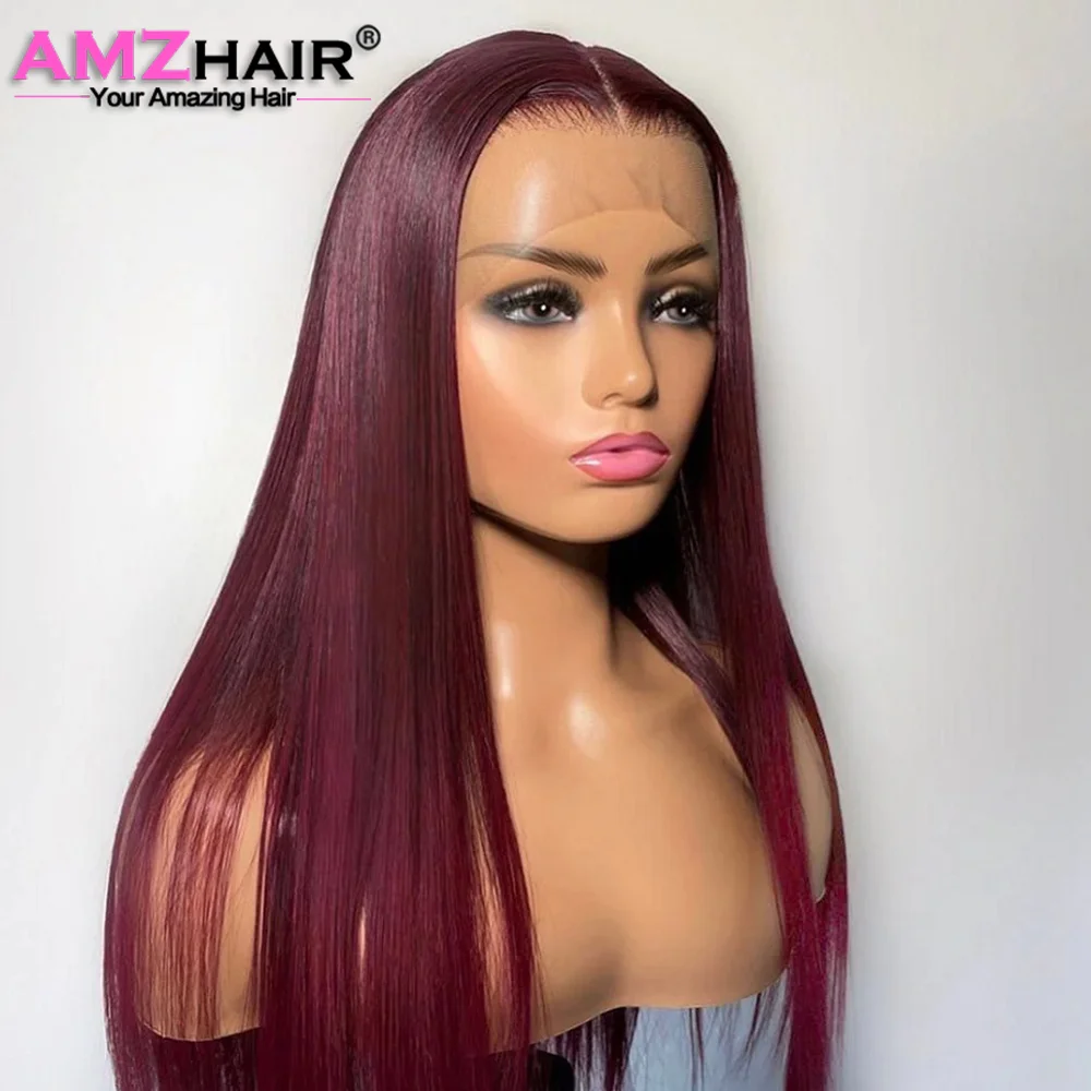 99J Straight 13x4 Lace Frontal Wigs Human Hair Brazilian Burgundy Red Colored Human Hair Wigs Preplucked 4x4 Lace Closure Wig