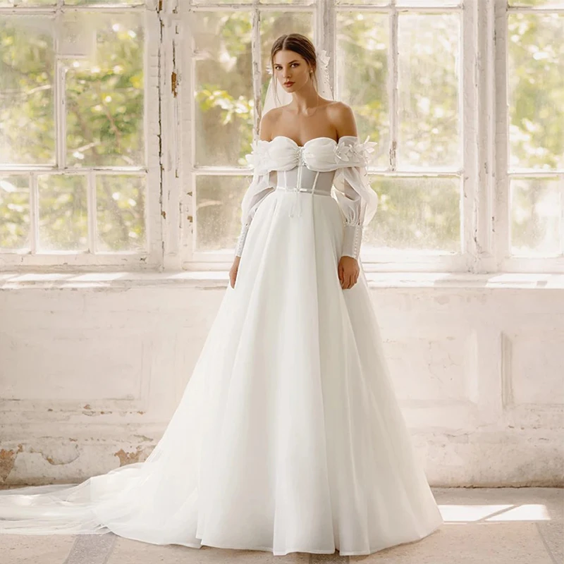 

Graceful Wedding Dress Ruffled Organza With A-Line Floor Length Ball Gown Puff Sleeves Customized Bride Dress Vestido De Novia