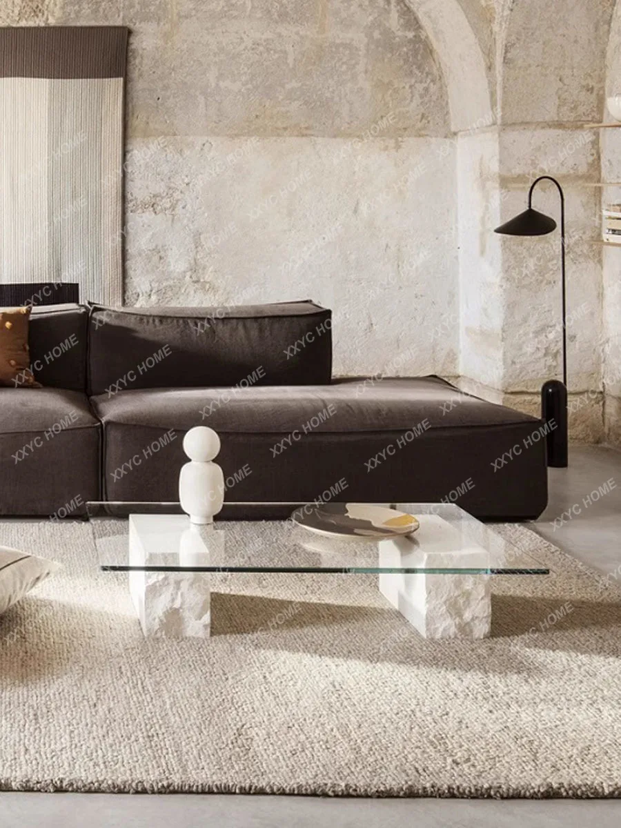 Minimalist white marble tempered glass coffee table, personalized destruction style living room tea table