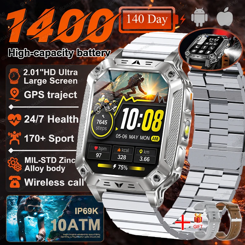 2026 Nieuwe 1400mAh Batterij Smart Watch GPS-pad Bluetooth Oproep 10ATM Waterdicht Zwemmen Sport Hardlopen Wandelen Buiten Militaire Smartwatch