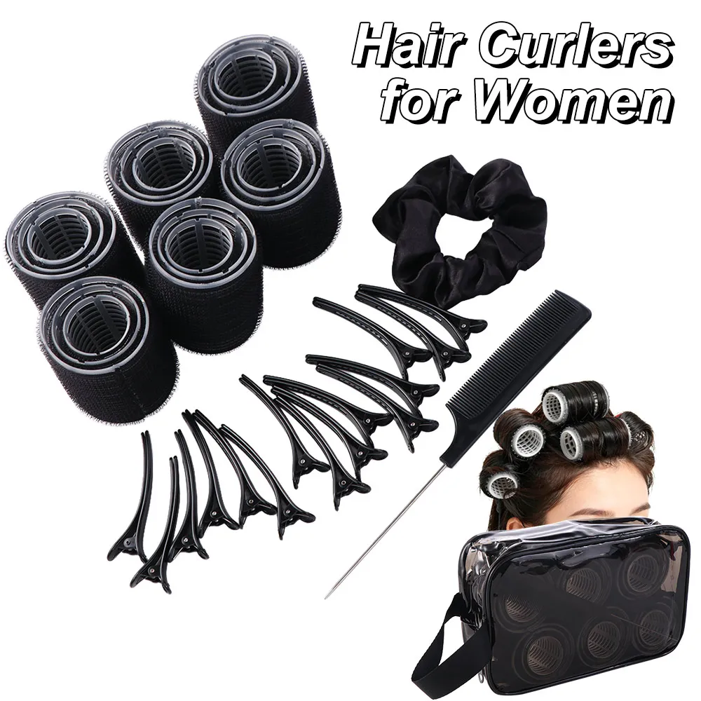35Pcs Black Self-Grip Hair Rollers Set 3 Sizes Rollers Lightweight Curly Hair Roller Hair Partition Clip Plastic Clips