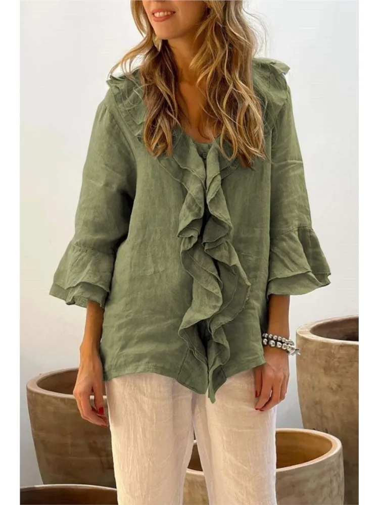 Casual Vintage Solid Ruffle Shirts Top Women Spring Autumn Elegant V Neck Button Office Top 3/4 Flying Sleeve Loose Blouses 2024