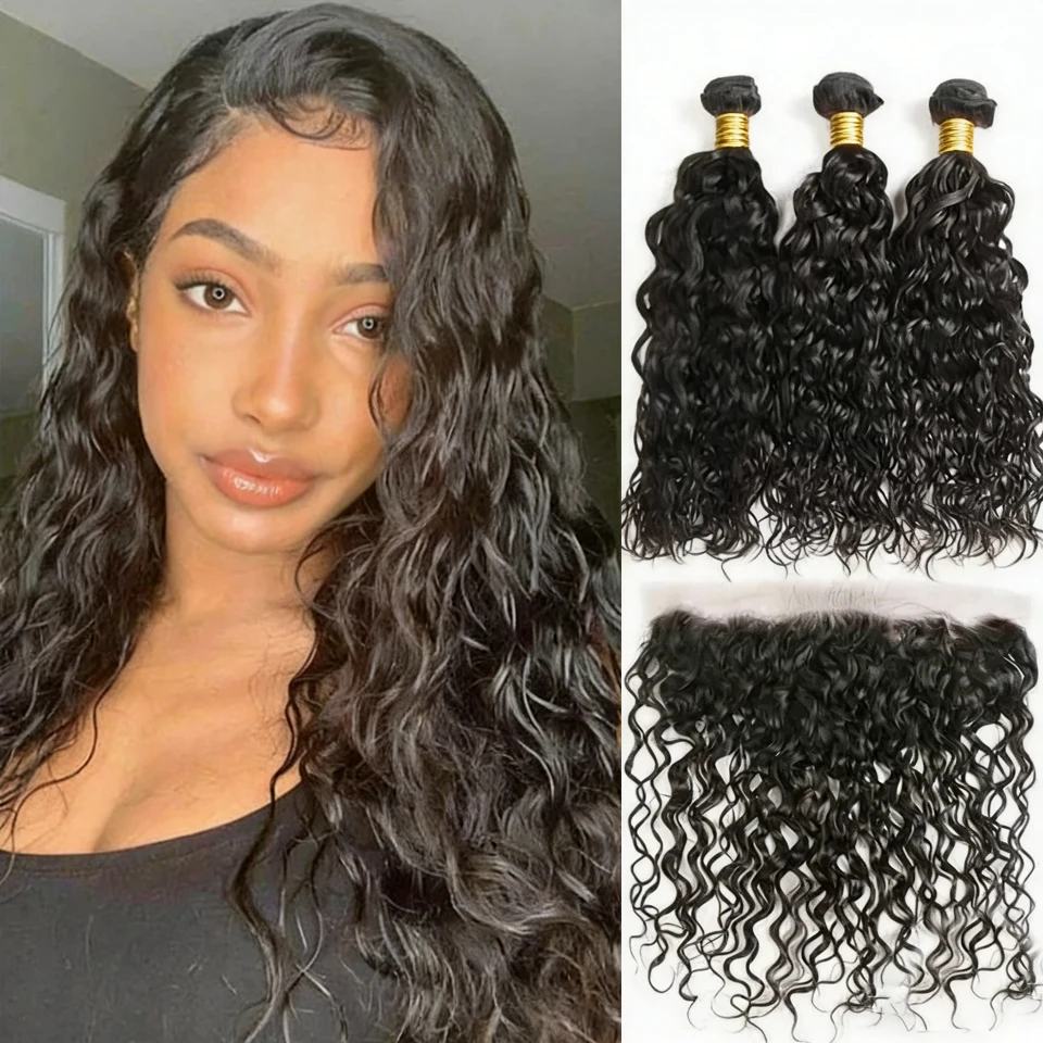 

Natural Wave Bundles With Lace Frontal Closure 100% Raw Jerry Water Deep Curly Human Hair 3/4 Bundles With Closure And Frontal
