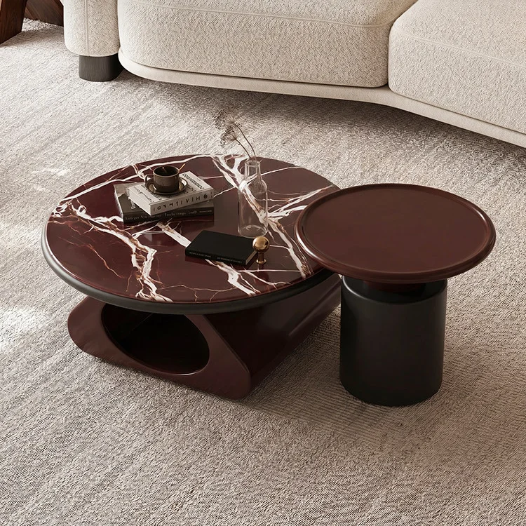 Modern round nested coffee table set with microcrystalline table top and open storage for living room use