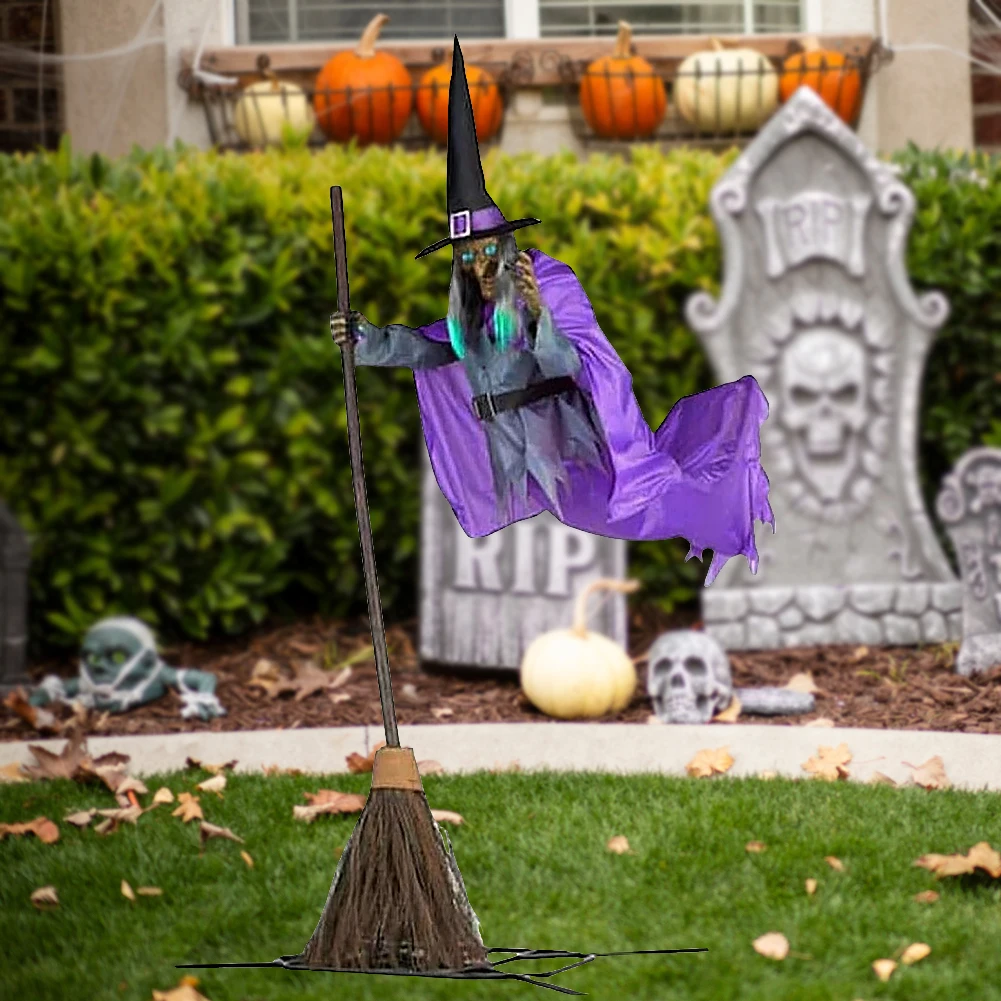 for Flying Witch Decoration with Scary Sounds and Lights Halloween Flying Witch Decor Broom Wizard Decor for Garden  Lawn Indoor