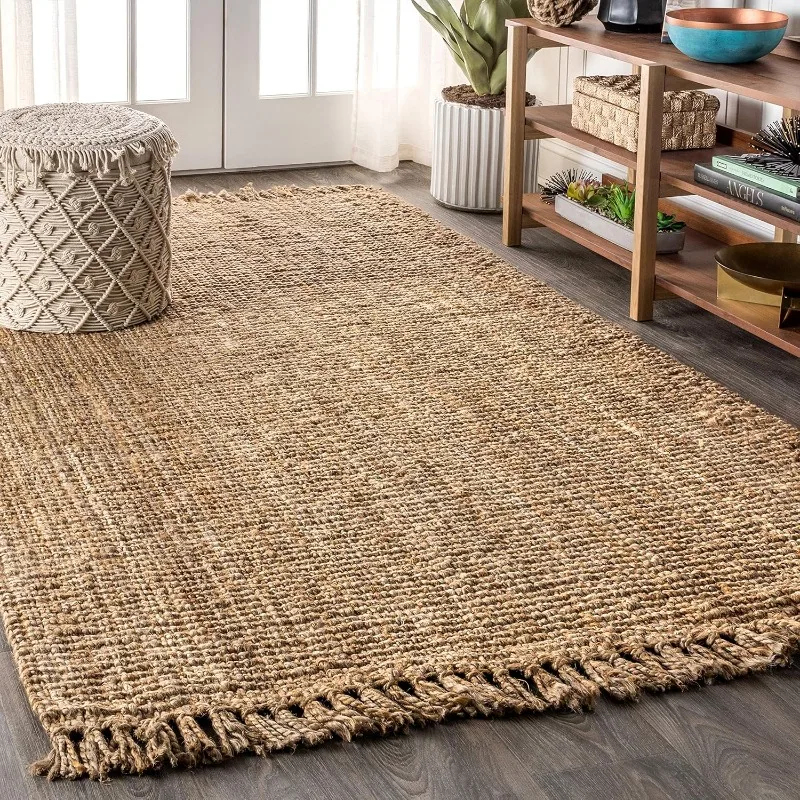 

para Hand Woven Chunky Jute with Fringe Area-Rug, Bohemian, for Bedroom, Kitchen, Living Room,5 X 8,Natural