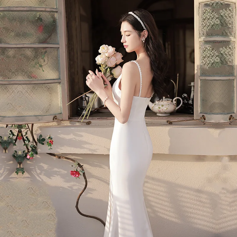 French Light Wedding Dress High-grade Small White Dress Travel Photography Satin Simple Suspender Backless Split Small Dress