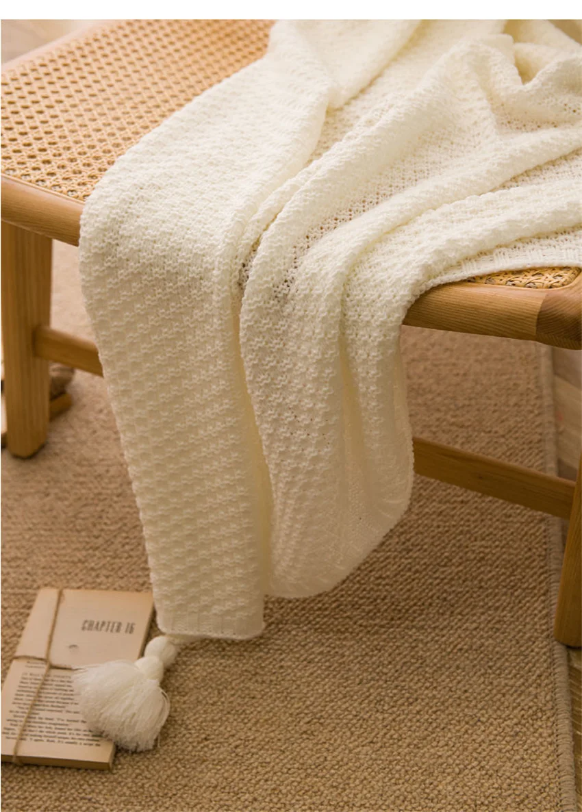 Nordische Decken für Bett, Sofa, Couch, grob gestrickte Tagesdecke, gestrickte Überwurfdecke mit Quaste, einfarbige Waffel-geprägte Decke – Detail 8
