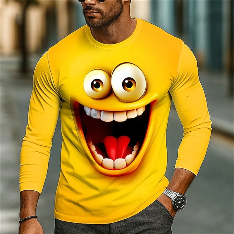 2025 Fall/Winter Collection 3D Fun Emoticon Print Men's Crew Neck Long-Sleeve T-Shirt Men's Streetwear Casual Top Fun Fashion