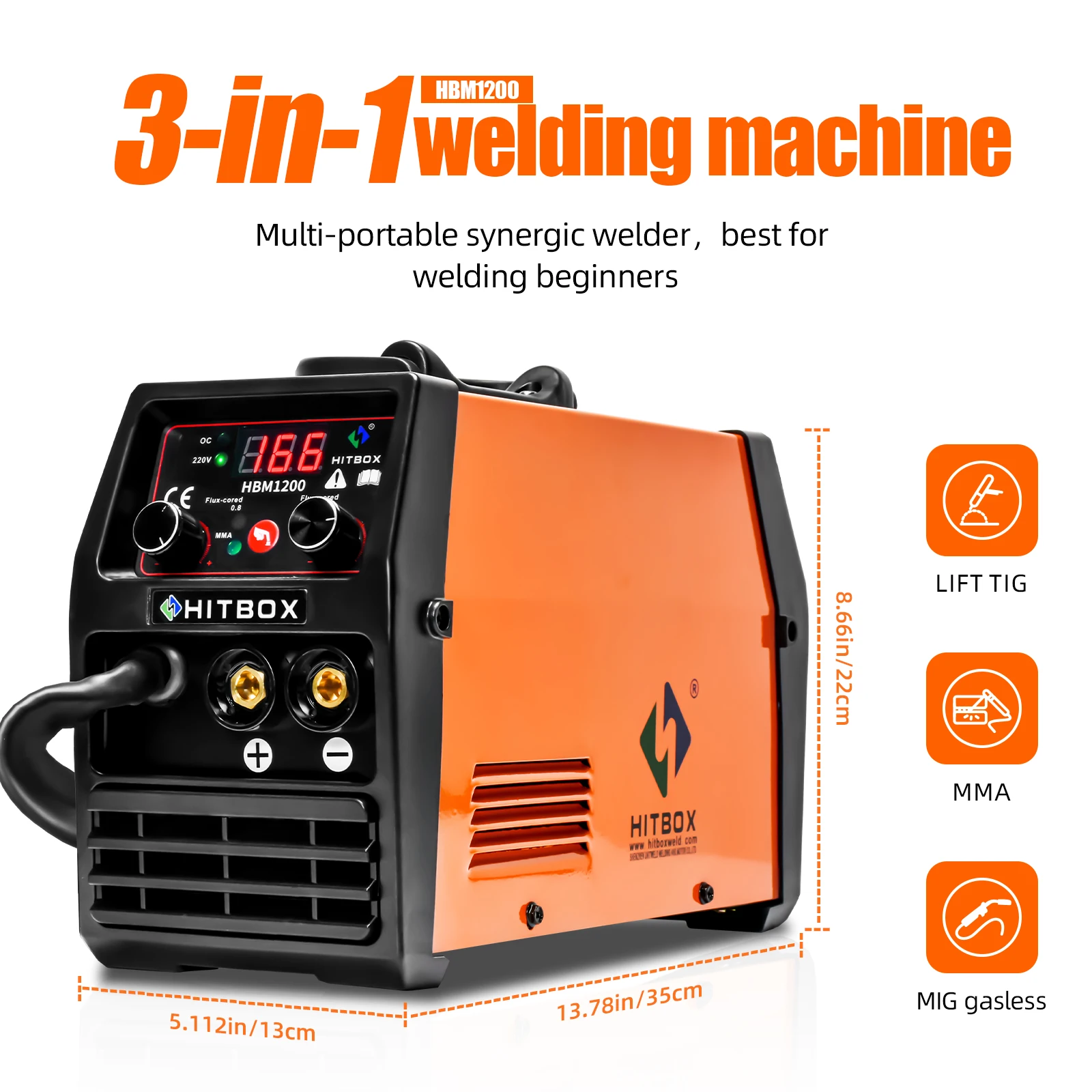 HITBOX 3 in 1 HBM1200 110V/220V Semi-automatic Welding Machine Lift Tig Argon ARC MMA Mig Welder No Gas IGBT Synergy Tools