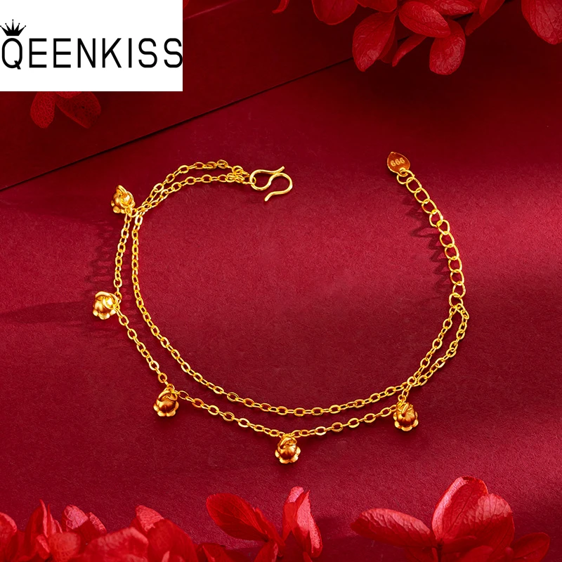 QEENKISS 24KT Gold Bracelet For Women Two Layer Flower Valley Lily Bracelet Wedding Jewelry Wholesale Gift Free Shipping BT5308